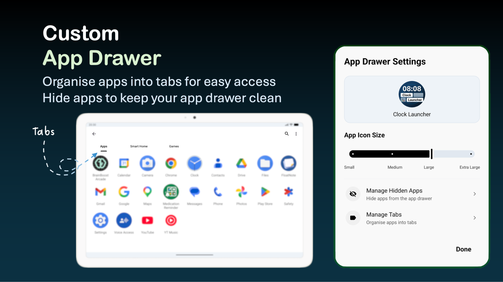 Custom app drawer settings with tabs and hidden apps