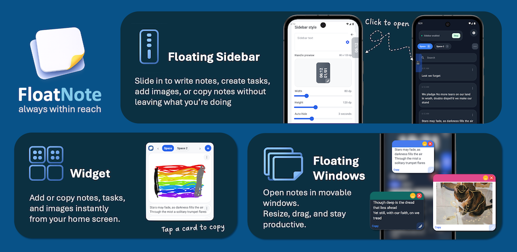 FloatNote feature graphic showing quick note capture